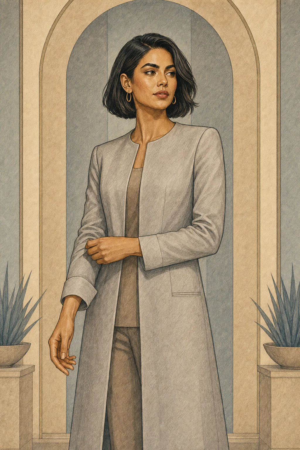 Classic editorial illustration of a woman with a dark bob standing in a tailored pale gray suit beneath an arched backdrop