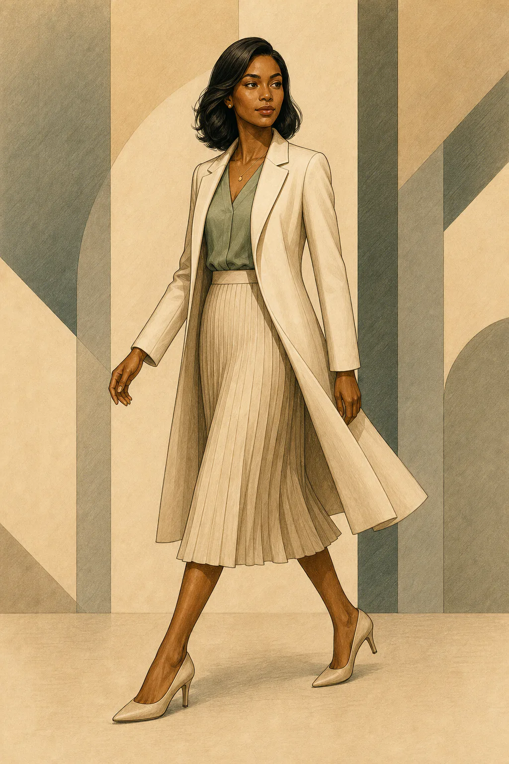Classic editorial illustration of a woman with dark hair cut to her shoulders walking in an ivory coat, muted green top, and pleated cream skirt