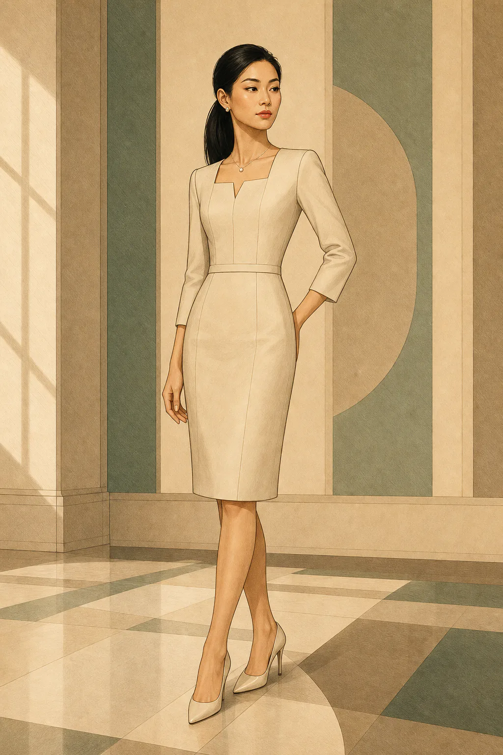 Classic editorial illustration of a woman with dark hair pulled back standing in a fitted cream sheath dress and matching heels