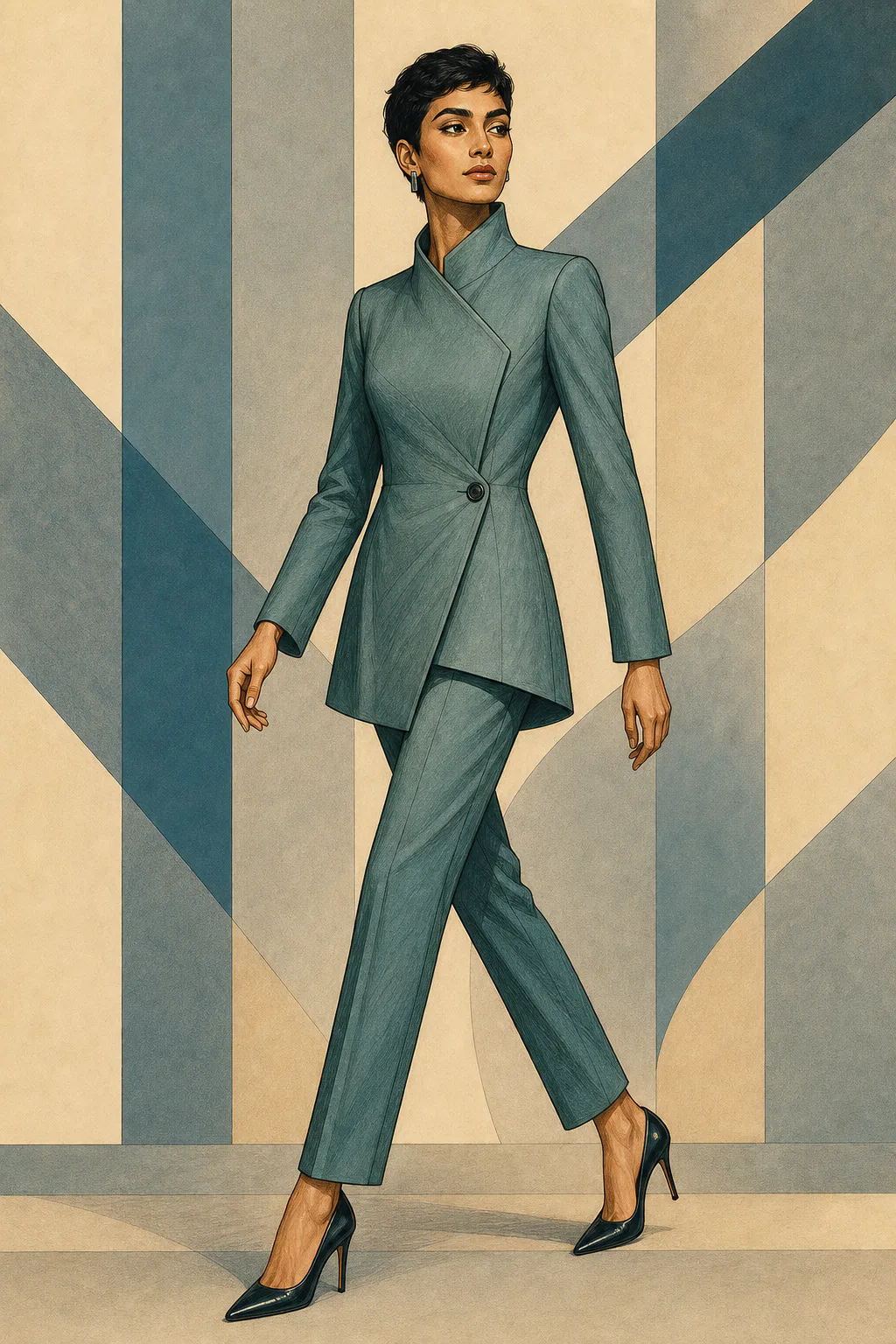Dramatic Classic editorial illustration of a woman with a dark pixie cut striding in a fitted teal trouser suit and pointed heels