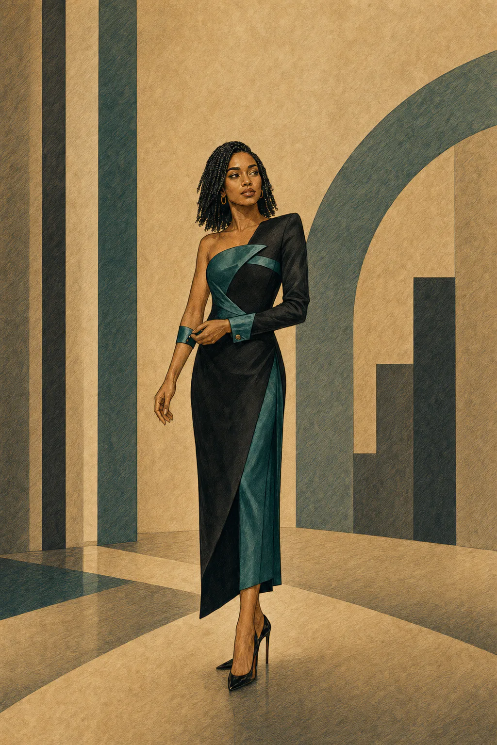 Dramatic Classic editorial illustration of a woman with twists that reach her shoulders wearing a black column dress with sculpted teal accents