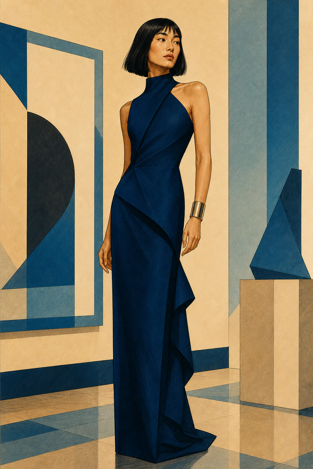Dramatic editorial illustration of a woman with a blunt dark bob standing in a navy halter gown with an angular draped panel