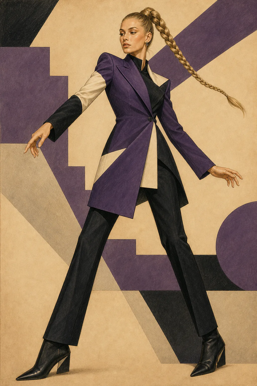 Flamboyant Gamine editorial illustration of a woman with a long blonde braid stepping wide in an angular purple, cream, and black coat