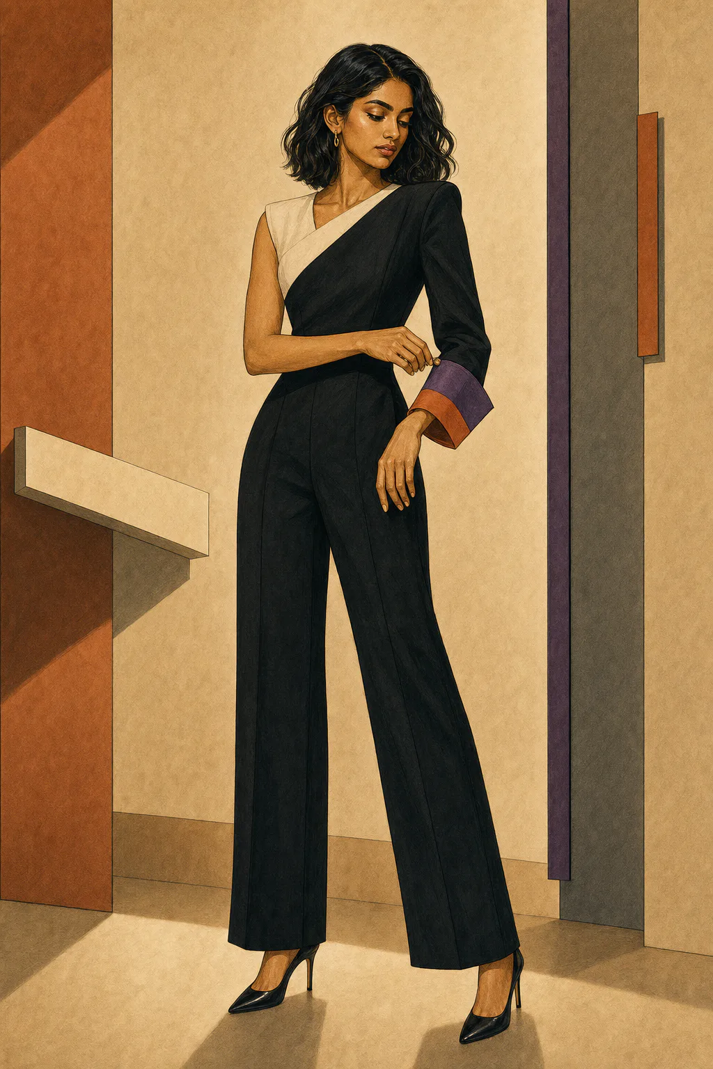 Flamboyant Gamine editorial illustration of a woman with short wavy dark hair adjusting the cuff of a black jumpsuit with cream and purple accents