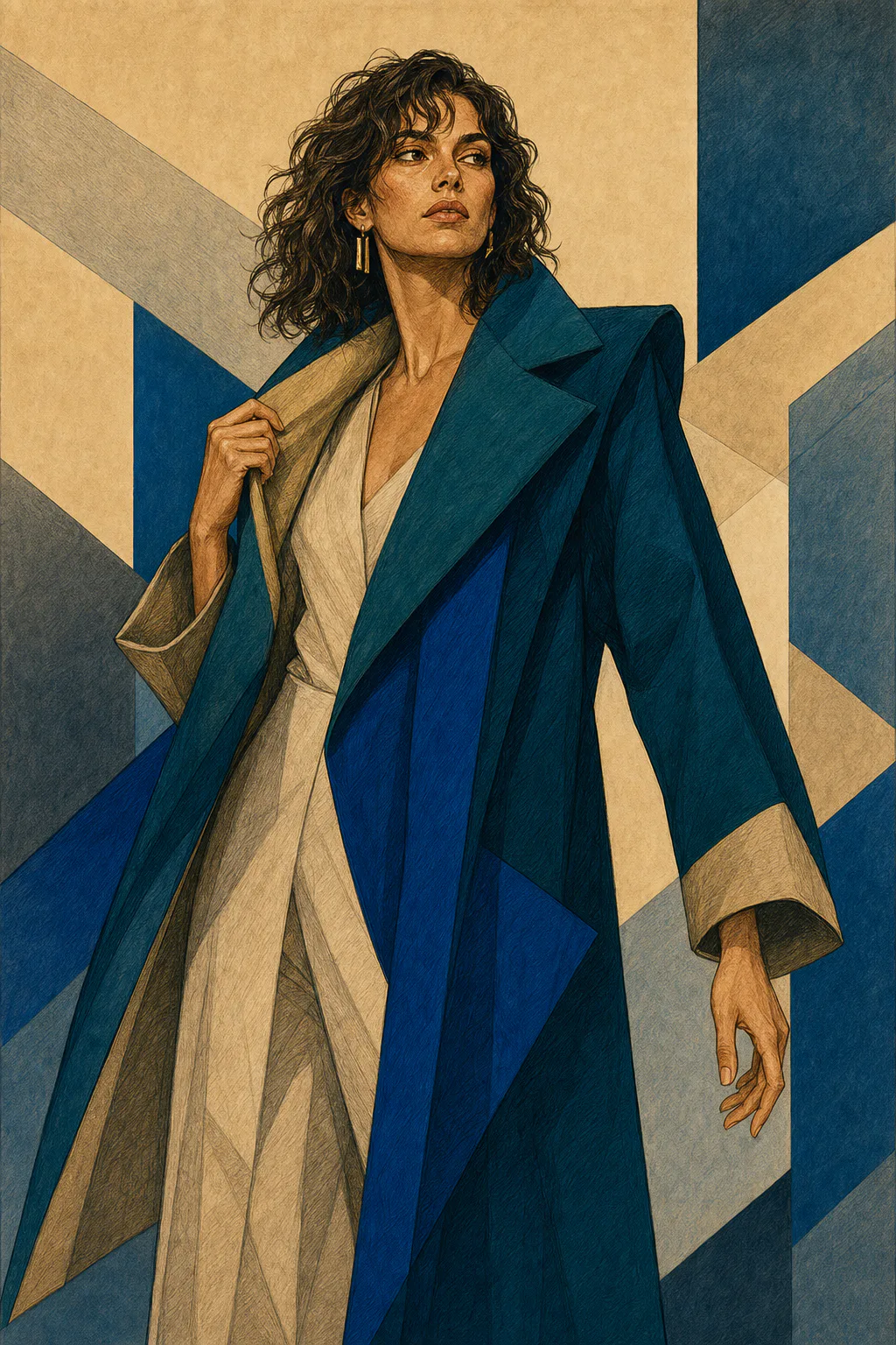 Flamboyant Natural editorial illustration of a woman with tousled curls holding the lapel of a long teal coat over a cream outfit