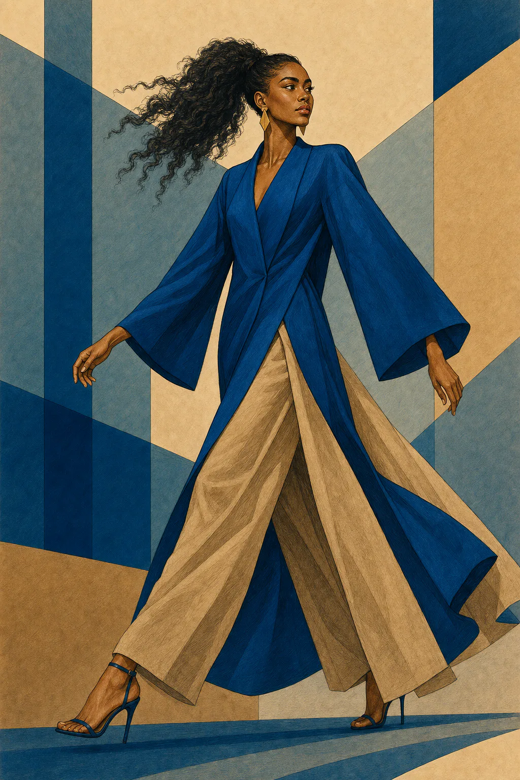 Flamboyant Natural editorial illustration of a woman with a long textured ponytail walking in a blue wrap coat and wide cream trousers