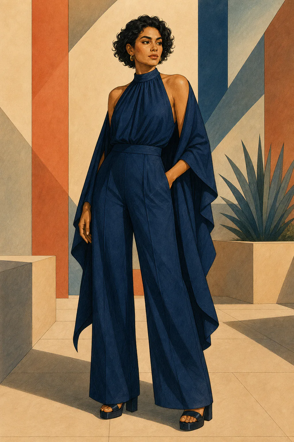 Flamboyant Natural editorial illustration of a woman with short curls standing in a navy halter jumpsuit with a draped jacket and one hand in a pocket