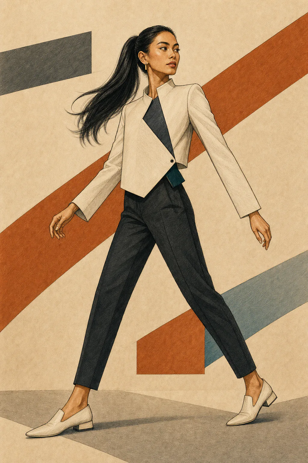 Gamine editorial illustration of a woman with long straight dark hair striding in a cropped cream blazer, black trousers, and white loafers