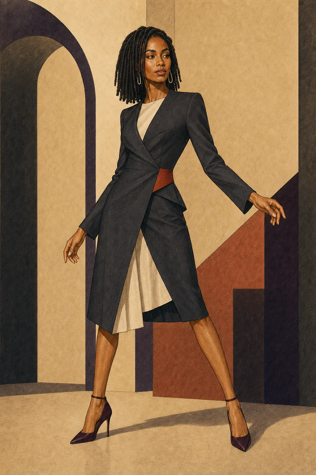 Gamine editorial illustration of a woman with locs standing with arms extended in a sculpted black dress with cream and rust accents