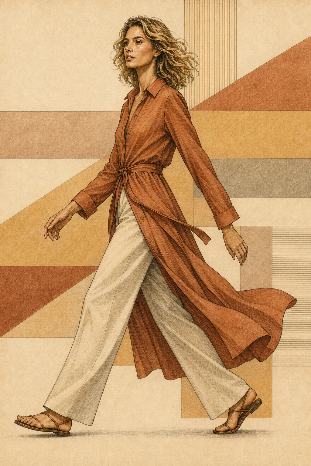 Natural editorial illustration of a woman with long blonde curls walking in a rust belted coat over wide cream trousers