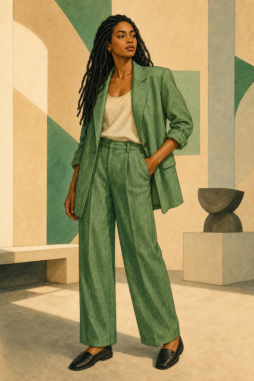 Natural editorial illustration of a woman with long locs standing in a relaxed green suit and cream top with one hand in a pocket