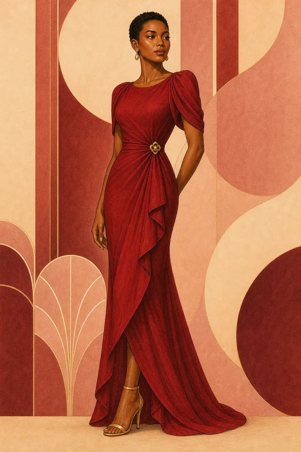 Romantic editorial illustration of a woman with short natural hair standing in a flowing red gown with gathered sleeves and a jeweled brooch