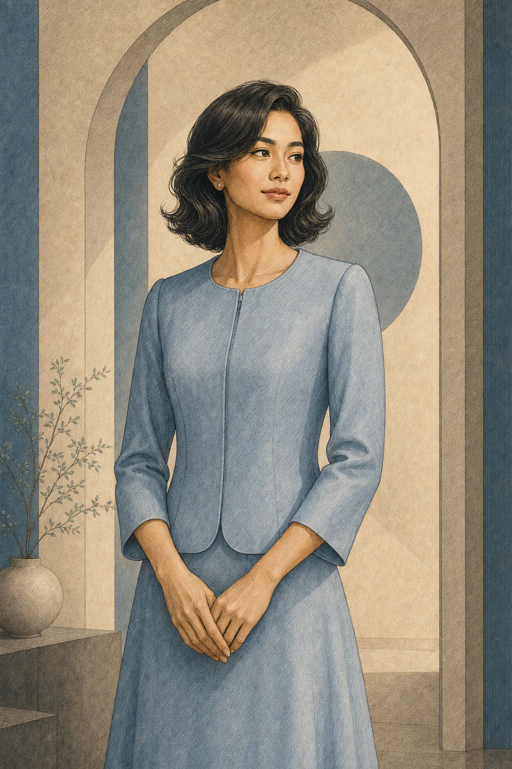 Soft Classic editorial illustration of a woman with softly curled dark hair standing with hands clasped in a powder blue jacket and skirt
