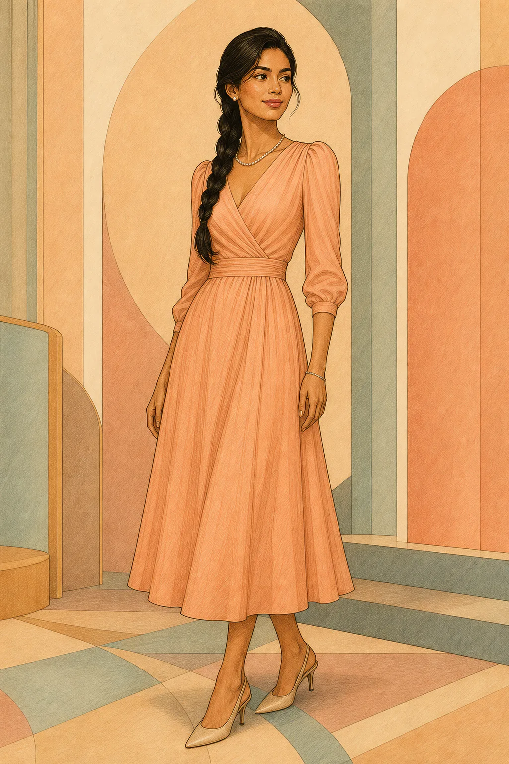 Soft Classic editorial illustration of a woman with a long dark braid standing in a peach midi dress with softly gathered sleeves