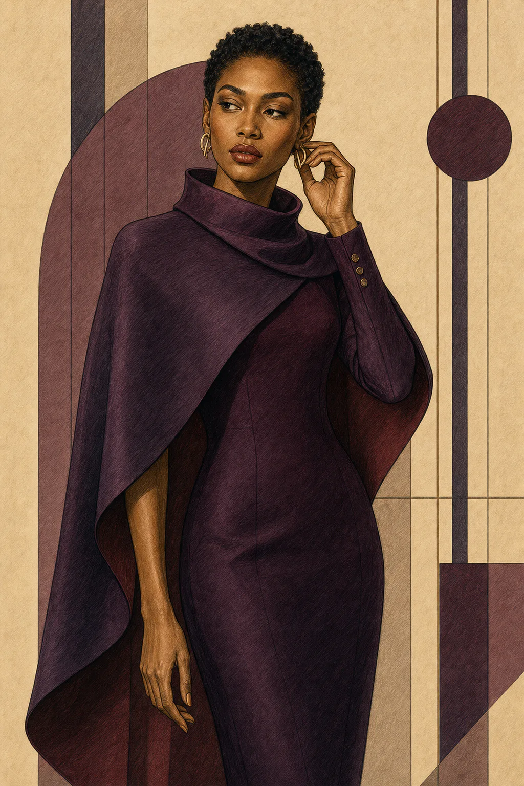 Soft Dramatic editorial illustration of a woman with short natural curls touching one earring in a sculptural plum cape dress