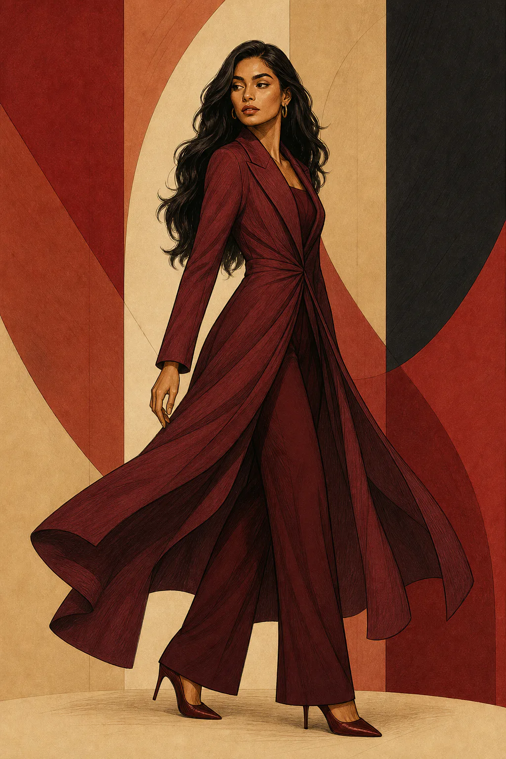 Soft Dramatic editorial illustration of a woman with long wavy dark hair turning in a burgundy wrap coat over matching wide trousers