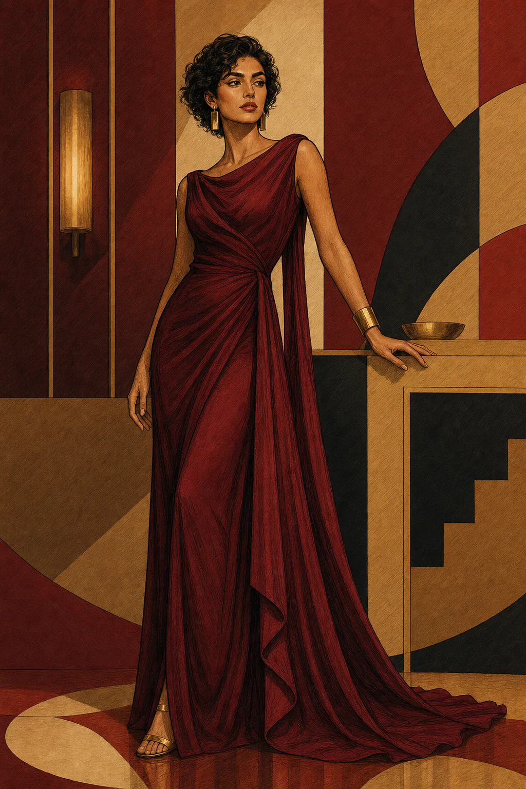Soft Dramatic editorial illustration of a woman with a curled updo resting one hand on a console in a flowing red evening gown