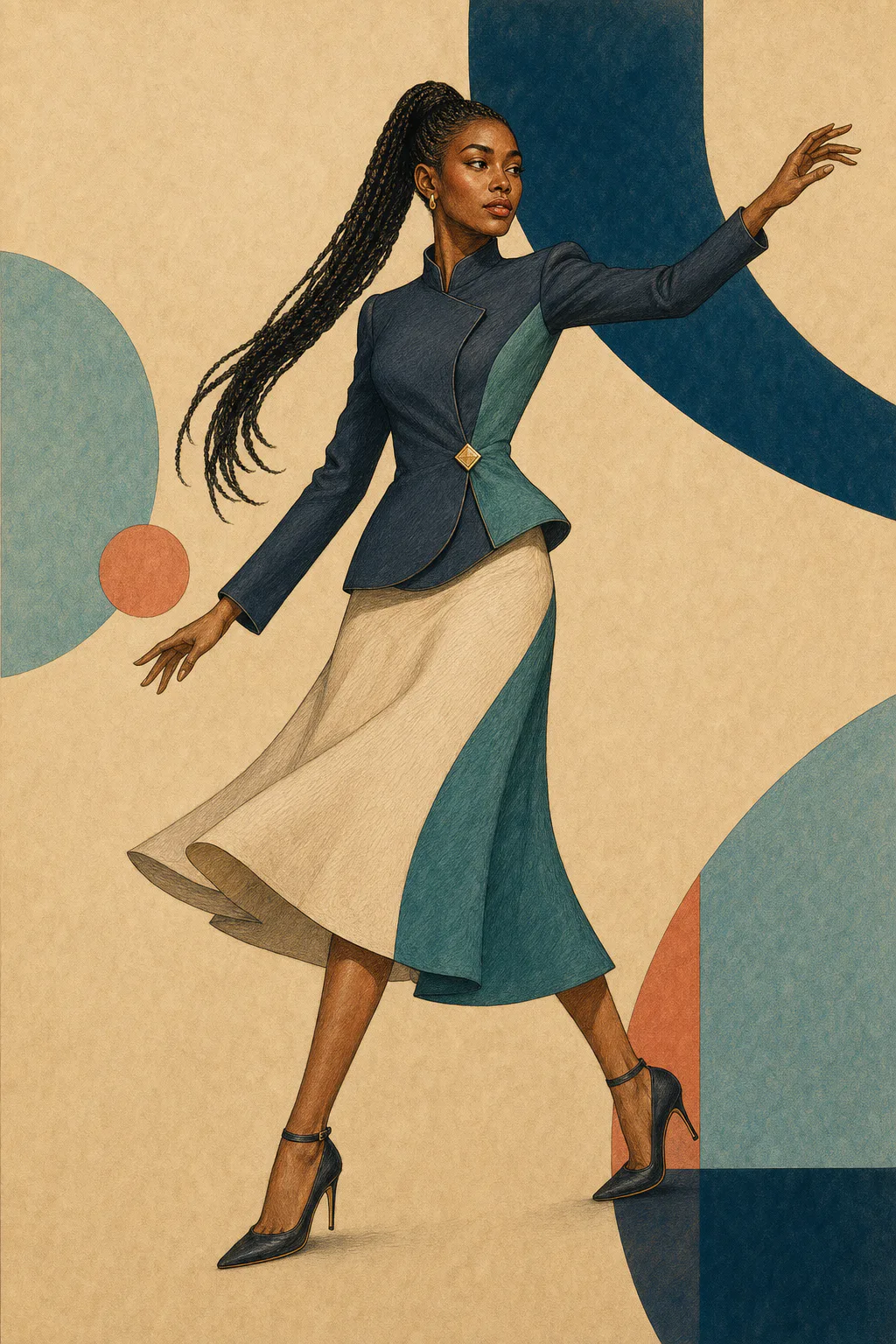 Soft Gamine editorial illustration of a woman with long braids posing with one arm raised in a fitted navy jacket and fluid cream and teal skirt
