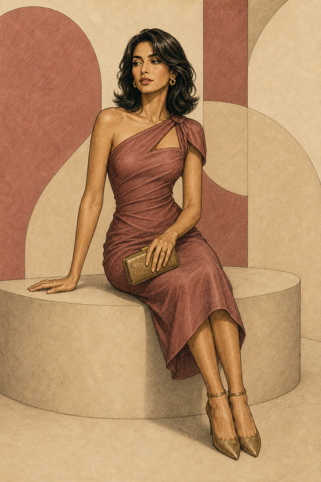 Soft Gamine editorial illustration of a seated woman with dark hair cut to her shoulders wearing a rose dress and holding a gold clutch