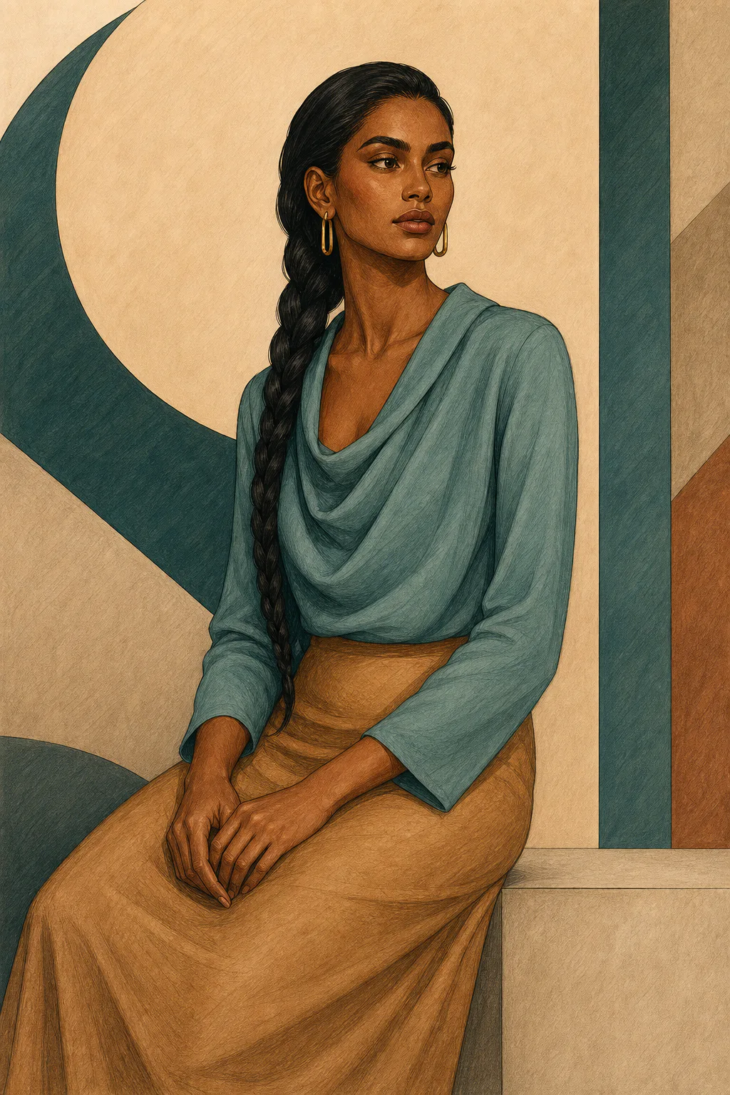 Soft Natural editorial illustration of a seated woman with a long dark braid wearing a softly draped teal top and warm tan skirt