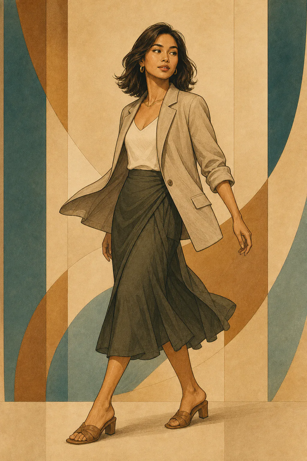 Soft Natural editorial illustration of a woman with dark hair cut to her shoulders walking in a beige blazer and fluid olive skirt