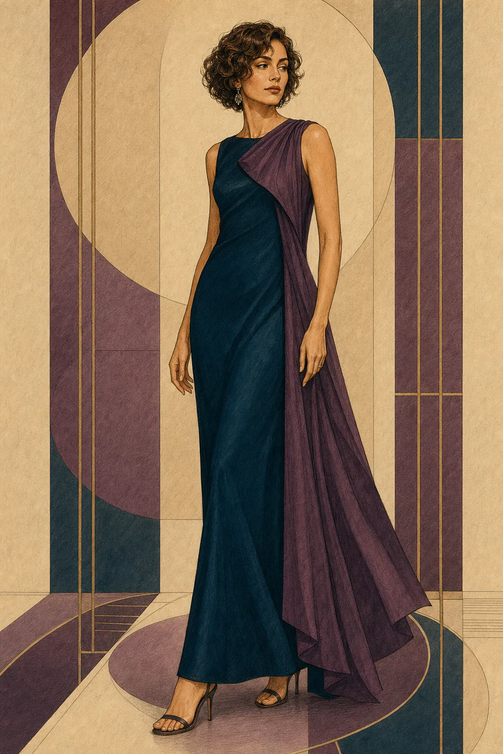 Soft Natural editorial illustration of a woman with short curls standing in a navy and plum evening gown with an asymmetric drape