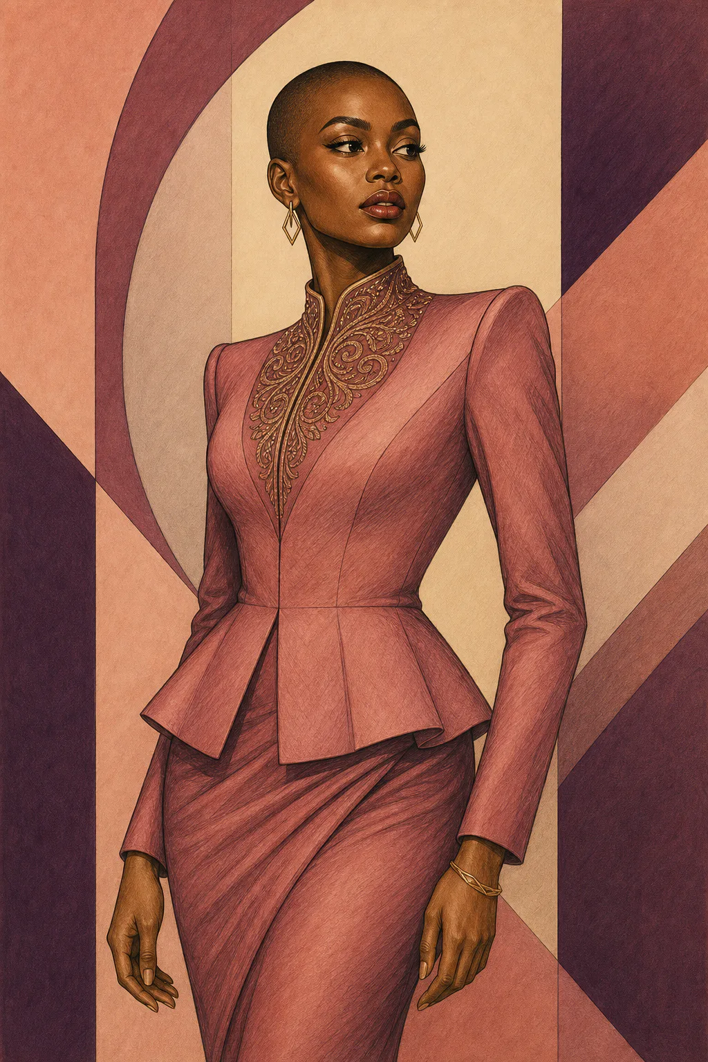 Theatrical Romantic editorial illustration of a woman with a shaved head standing in a rose suit with an ornate high neckline and sculpted shoulders