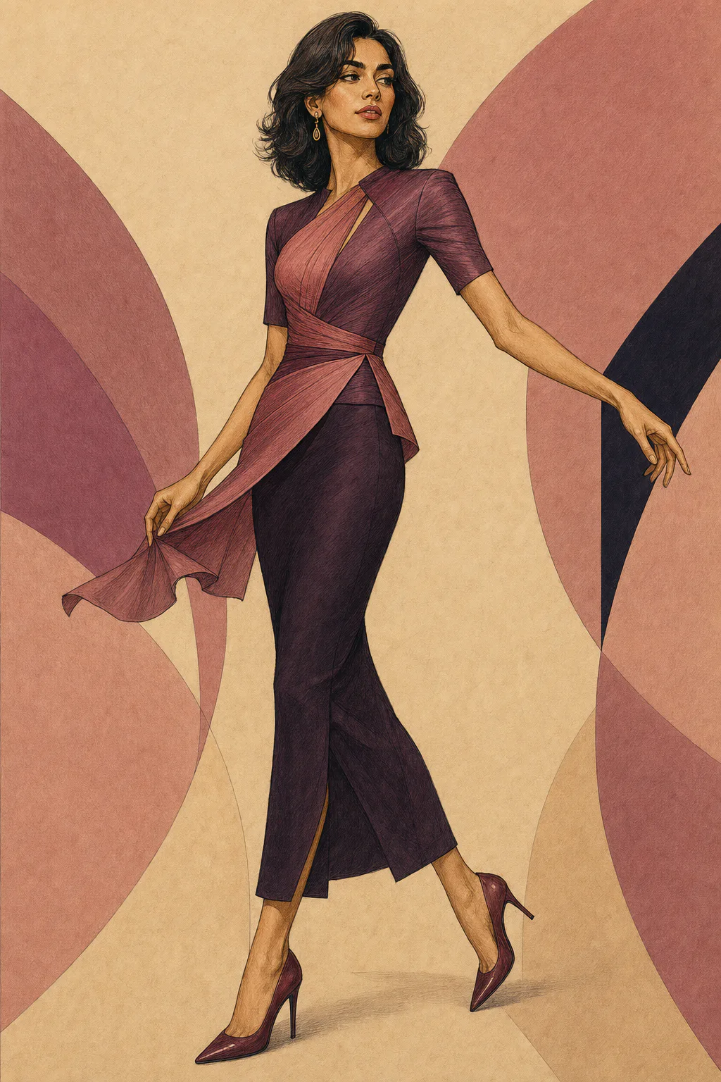 Theatrical Romantic editorial illustration of a woman with short dark waves walking in a fitted plum outfit with a sculpted rose wrap top