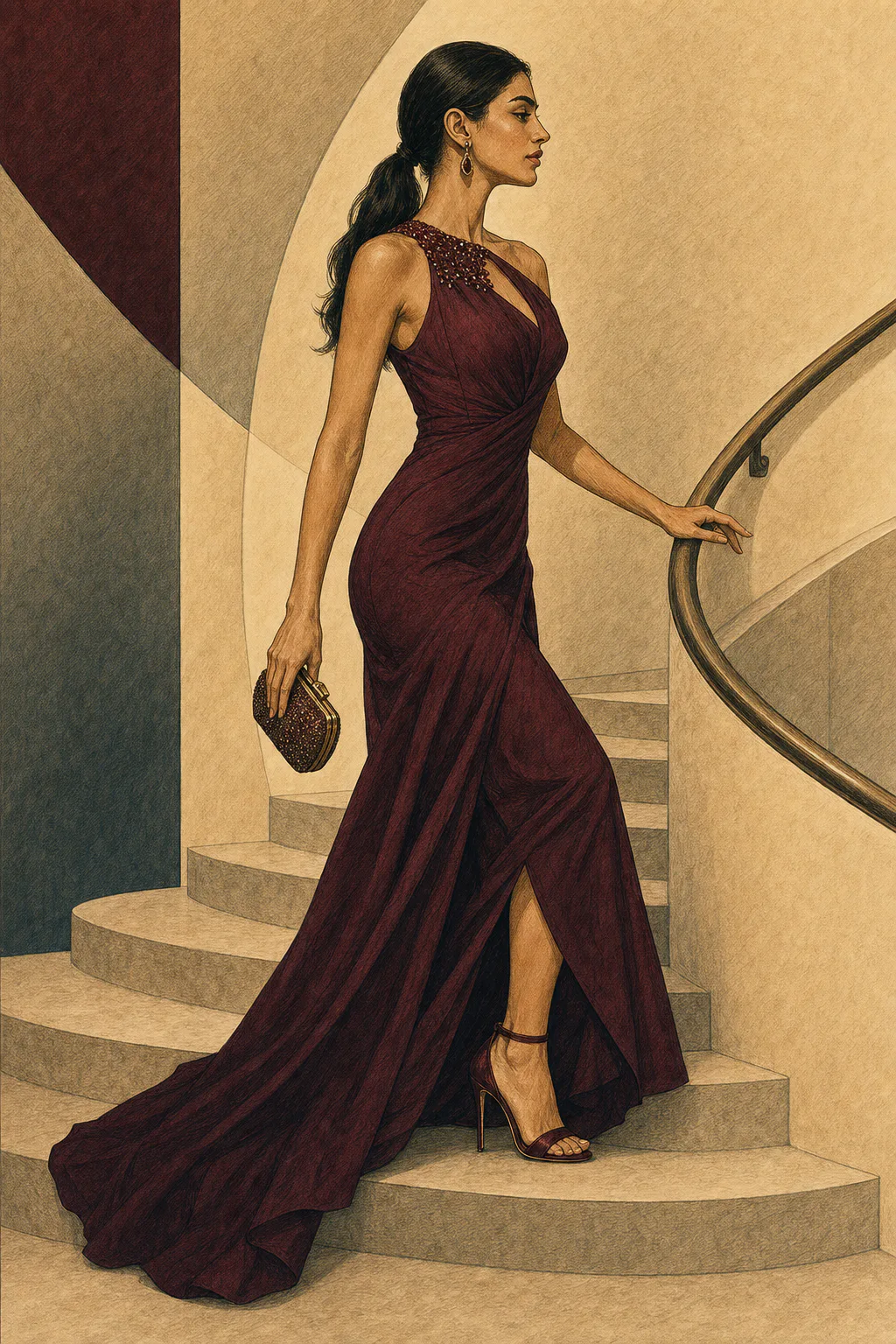 Theatrical Romantic editorial illustration of a woman with dark hair in a low ponytail descending a curved staircase in a burgundy gown and carrying a clutch