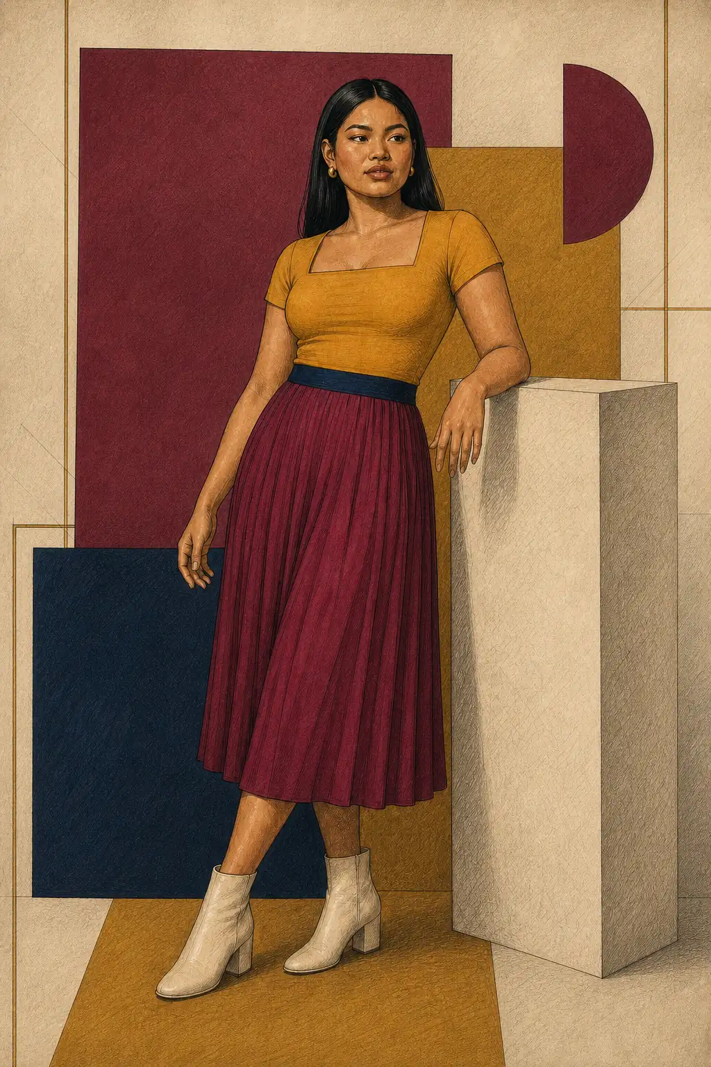 Original Soft Gamine collection fashion illustration with a complete editorial look